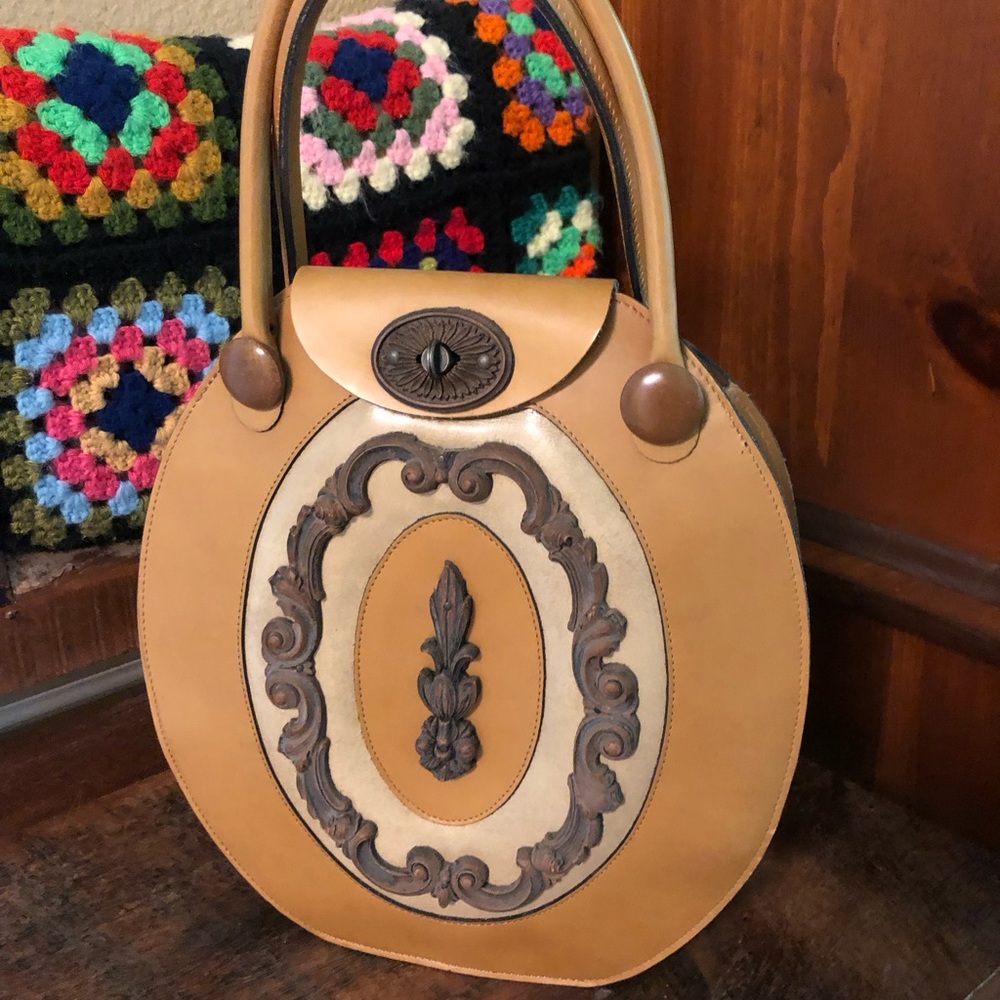 Vintage leather decorative handbag, Mahler of California Tan and Beige